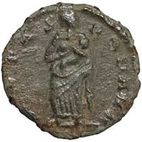 The reverse of an AE3 of Theodora, showing Pietas breast-feeding a child