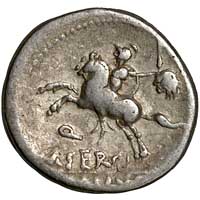 The reverse of a denarius of M. Sergius Silus showing a horseman with a severed head