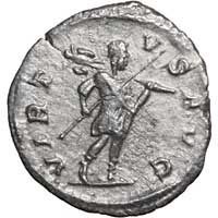 The reverse of a denarius of Severus Alexander showing Romulus