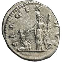 The reverse of a denarius of Caracalla showing Salus raising a female figure