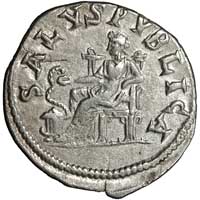 The reverse of a denarius of Severus Alexander showing Salus enthroned