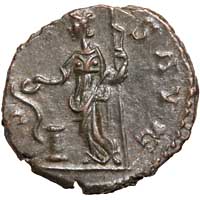The reverse of an antoninianus of Victorinus showing Salus standing, feeding a stylised snake.