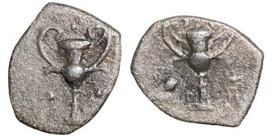 A silver obol of Taras or Tarentum in Calabria, 280-228 BCE.